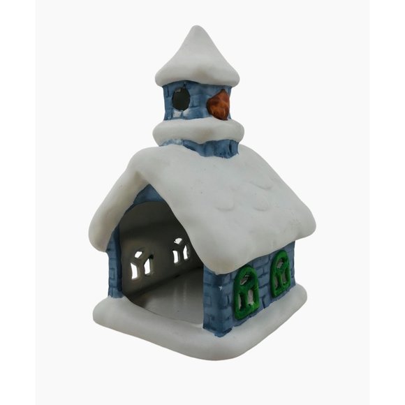 Colonial Candle Holder Winter Blue Ceramic Building Snow Tea Light Votive Holder - Picture 5 of 10